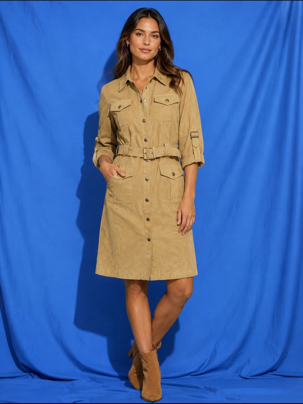 Perceptions 10 Tan Belted Button-Front Trench Dress Faux Suede